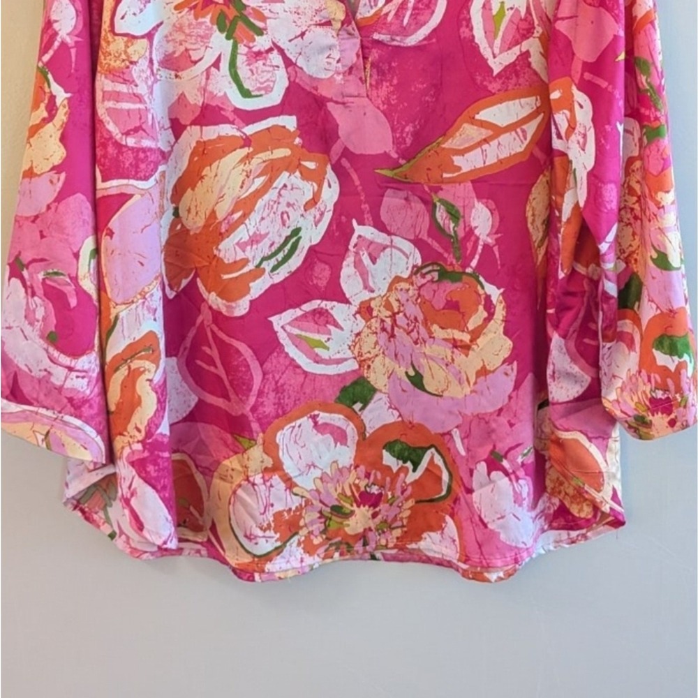Natori Floral Boho Coastal Elegant V-Neck Blouse Pink Orange Watercolor Bloom - Picture 8 of 16
